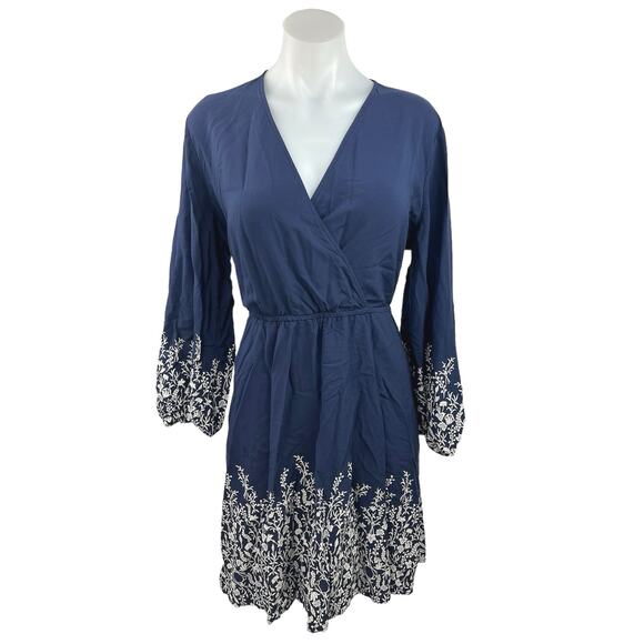 Old Navy Blue Floral Faux Wrap V Neck Bell Sleeves Boho Knee Length Dress Size L - Picture 1 of 4